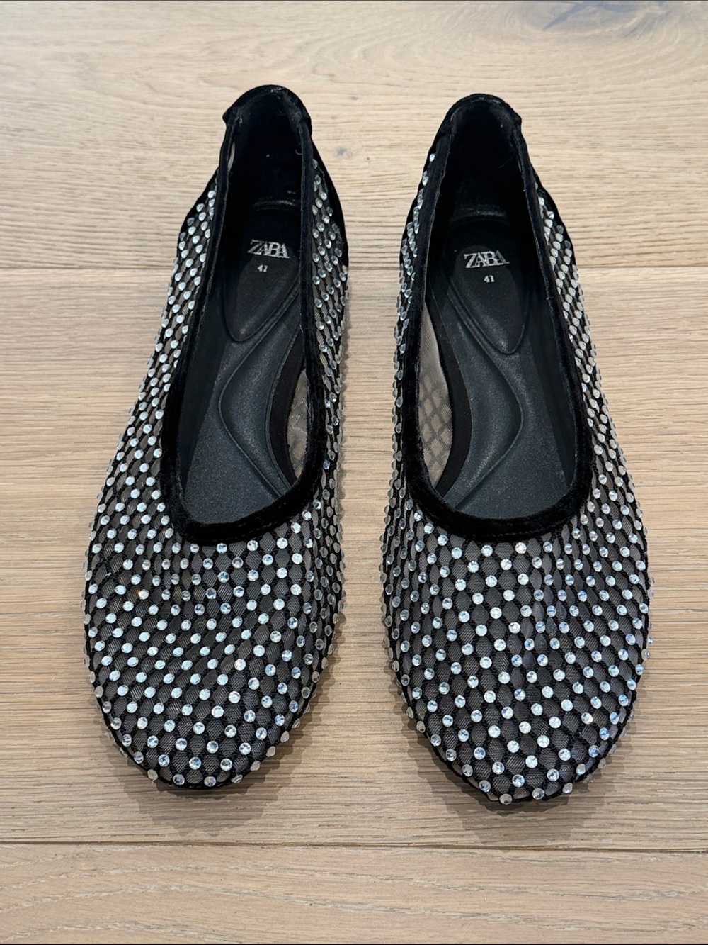 Zara Black Mesh Ballet Flats with Silver Stud Detailing